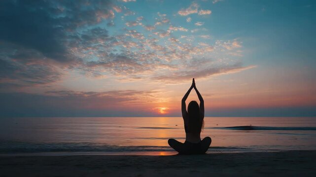 Woman practicing yoga in silhouette during sunset by the ocean   - Powered by Adobe