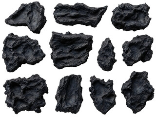 A collection of eleven dark textured rocks or stones arranged on a plain black background in a grid pattern