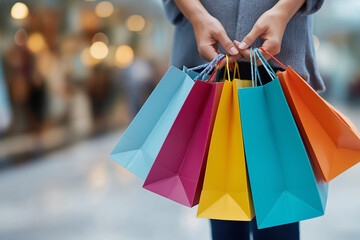 Duty free shopping bags in hands, colorful packaging, blurred luxury store background