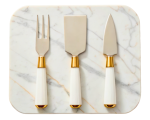 Elegant three-piece cheese knife set on a marble cutting board on a transparent background