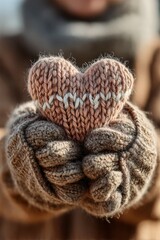 Fototapeta premium Hands in Chunky Knit Mittens Holding a Detailed Knitted Heart - A Warm Expression of Love and Care