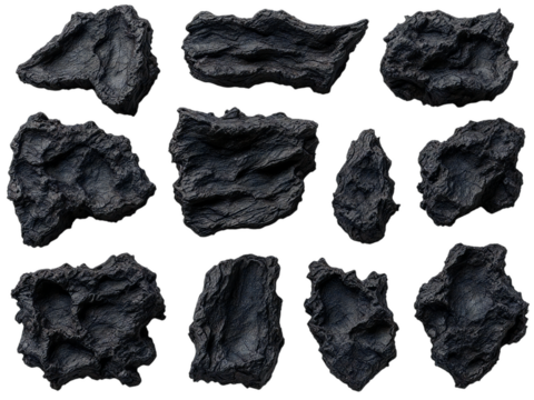A collection of eleven dark textured rocks or stones arranged on a plain black background in a grid pattern