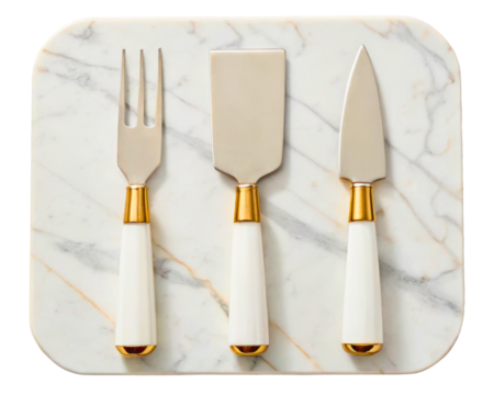 Elegant three-piece cheese knife set on a marble cutting board on a transparent background - Powered by Adobe