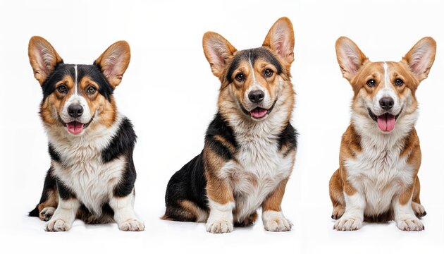 Playful Corgi Portraits Adorable Quartet Sitting and Lying in a Bundle on a White Backdrop, Radiating Joy and Warmth