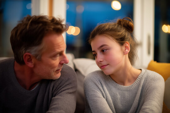 Father and teenage daughter sitting on a couch, deep in conversation, warm evening light, emotional bonding moment 