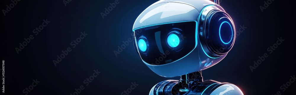 Poster this captivating image features a futuristic robot with glowing blue eyes set against a dark backdro
