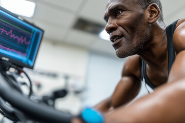 Close up, Athlete riding an exercise bike in a lab during biometric testing