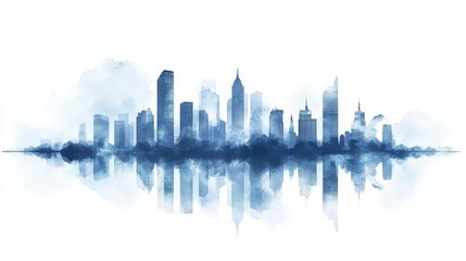 Fototapeta premium Watercolor Skyline with Reflection. Beautiful Cityscape in Blue Hues