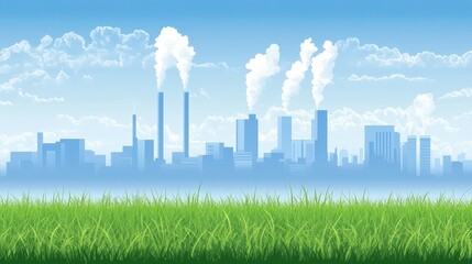 Obraz premium City Skyline with Factories Against Sky with Grass in Foreground Illustration