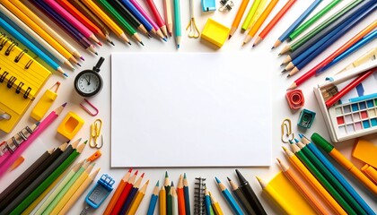 Fototapeta premium A vibrant flat lay of back to school supplies surrounding a blank white paper sheet. A colorful and creative template with copy space for a title, question, or educational concept