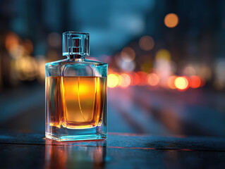 Clear glass perfume bottle with golden liquid stands elegantly against blurred city background, illuminated by soft lights, evoking sense of luxury and sophistication