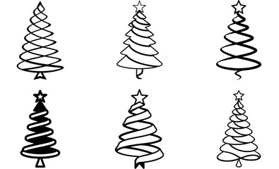 Six stylized Christmas tree silhouettes with decorative ribbon