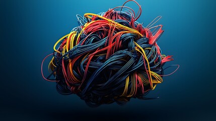 Delicate, colorful wires intricately sculpted into an abstract brain-like form against a deep blue background creating an elegant and complex three-dimensional artwork perfect for