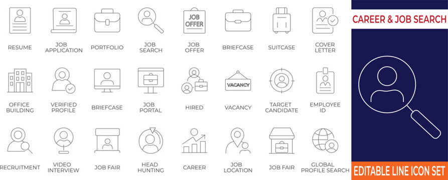 Modern icon set featuring essential symbols for job search, resume, recruitment, and career tools. Perfect for websites, HR presentations, job portals, and employment-related designs.