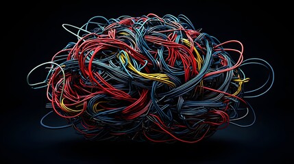 Intricate network of colorful wires artfully arranged to resemble a human brain in a dark studio setting creating an abstract representation of complex neural connections.