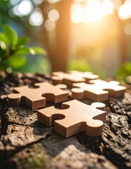 Four wooden puzzle pieces rest on textured tree bark, surrounded by greenery and illuminated by warm, soft sunlight in a natural setting.