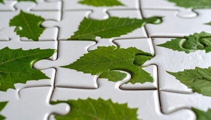 Close-up of green leaves printed on interconnected white puzzle pieces, symbolizing environmental harmony, unity, and sustainability.