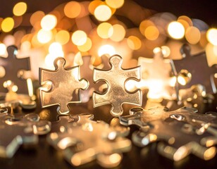 Shiny golden puzzle pieces arranged with warm bokeh lights in the background, symbolizing creativity, luxury, and inspiration in a festive setting.