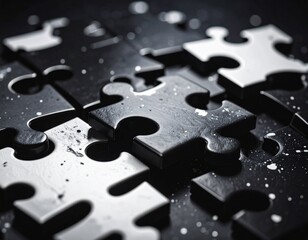 A collection of black and white puzzle pieces with a glossy, textured surface and scattered white paint splatters, emphasizing contrast and design.