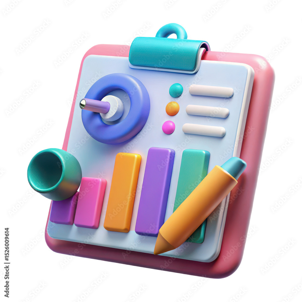 Poster a pastelcolored data dashboard, isolated on transparent background, displays colorful charts and gra