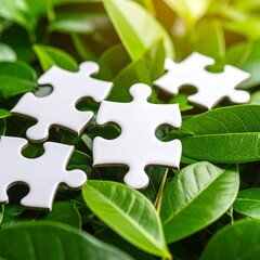 Four white puzzle pieces rest on lush green leaves, highlighting concepts of connection, nature, and sustainability in a bright, natural setting.