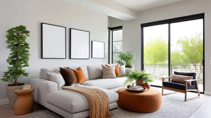 Obraz premium Modern living room interior features stylish frame mockup for photo display above cozy white sofa with orange accents and natural light streaming through large windows for warm atmosphere