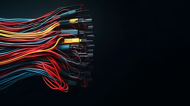 A vibrant collection of colorful power cables elegantly flows across a dark background providing ample copy space for text or ing in a striking technological image.