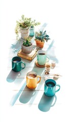 Watercolor Painting of Mugs Tea Plants on Wooden Table in Sunlight