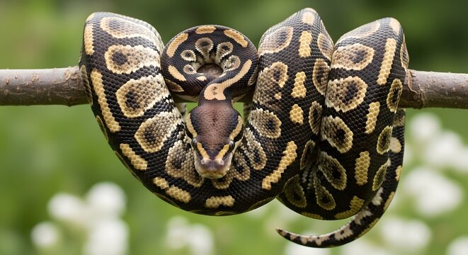 Coiled Ball Python on Branch: A Captivating Close-Up of a Royal Python