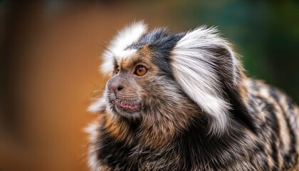 Closeup of a Common Marmoset, Majestically Framed with Detailed Fur Textures and Expressive Eyes, Capturing the Intricate Beauty of this Tiny Primate in Vivid Clarity.
