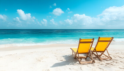 chaises longues sur une plage de sable fin, mer turquoise