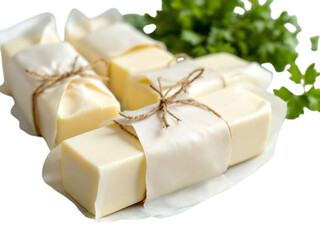 A close up of wrapped butter portions with twine and green garnish on a black background surface view