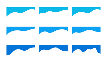 Wavy blue abstract graphic separation elements for banner, web page, background, vector, flat design. An empty text field for the title, label, and poster. Upper part of the frame, borders