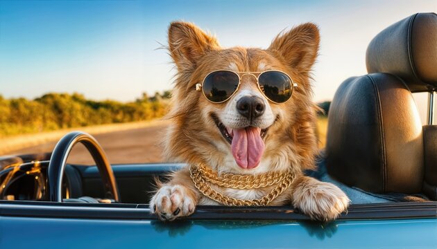 Playful Pooch in Stylish Accessories Riding in a Convertible Car Against a Backdrop of Sunset Vibrancy, Adding a Touch of Glamour and Whimsy to the Serene Scene.
