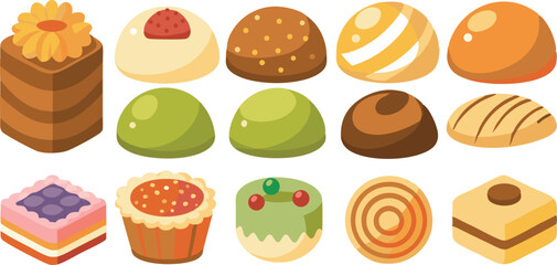 Collection of colorful and delicious looking isometric style pastries and cakes
