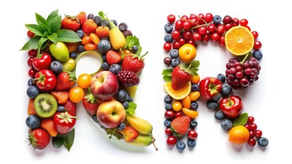 Creative food photography captures a colorful alphabet R, built from healthy berries and fruits in a vibrant collage.