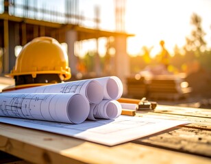 Construction blueprints on wooden table