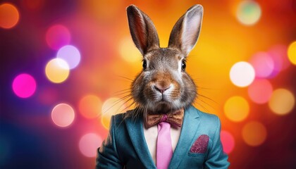 Vibrant Easter Bunny in Formal Attire Amidst a Spectacular Rainbow Backdrop Colorful, Playful, and Whimsical Celebration of Springtime Joy