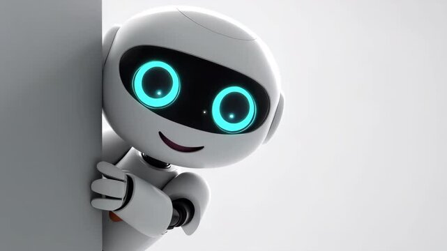 A friendly robot peeking out from behind a wall with glowing blue eyes and a smile. - Powered by Adobe