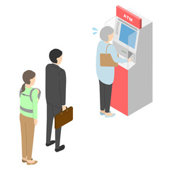 ATMに並ぶ人々と焦るおばあさん・アイソメトリック