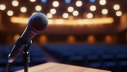Closeup of microphone on wooden podium with blurred empty seats in background in modern lighted conference hall scene