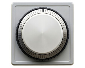 Modern minimalist silver and black rotary control knob for electronics on a transparent background