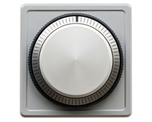 Modern minimalist silver and black rotary control knob for electronics on a transparent background