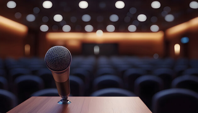 Closeup of microphone on wooden podium with blurred empty seats in background in modern lighted conference hall scene