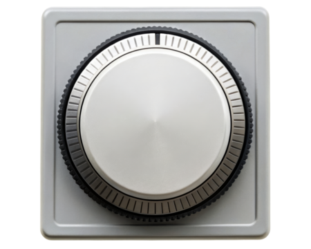 Modern minimalist silver and black rotary control knob for electronics on a transparent background