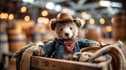 Teddy bear in a wooden crate