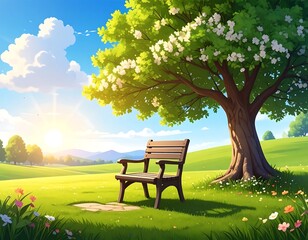 Peaceful meadow scene with a bench under a tree