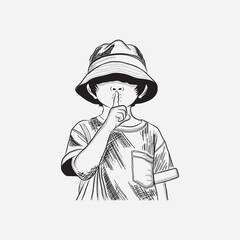 An illustration of a little child wearing a hat and ragged clothes, with their finger to their mouth, depicting hunger.

