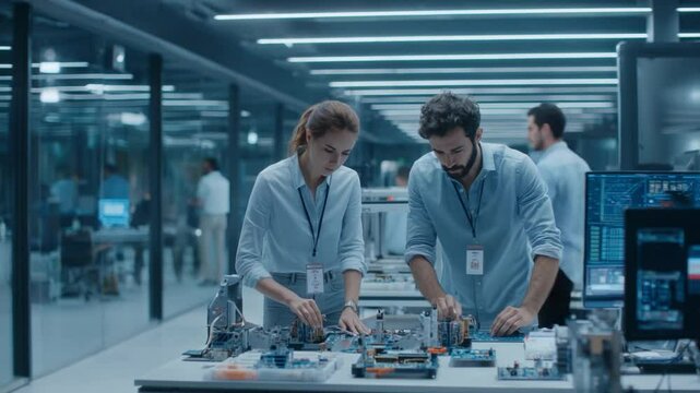 Technological Assemblage: A team of technicians meticulously collaborates in a cutting-edge laboratory.