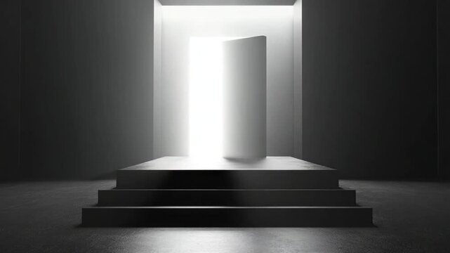 Minimalist black monolith on a pedestal in a dark, atmospheric gallery setting